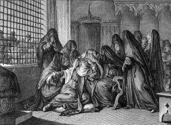 Abelard és Heloise: Heloise (1101-1164) lerántja a fátylat az argenteuili nők apátságánál. Jean Michel Moreau metszete, Moreau le Jeune (1741-1814)