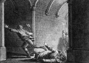 Ebroin, Neustria udvarnagya meggyilkolása, 681: Hermanfroi, egy úr ölte meg fejszével, akit Ebroin megfosztott vagyonától. Jean Michel Moreau, Moreau le Jeune néven ismert művész metszete (1741-1814)