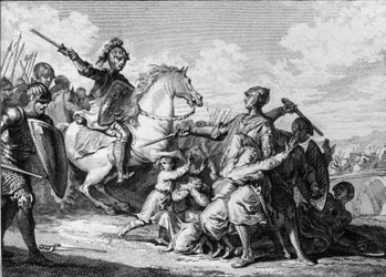 II. Burgundiai Theuderik fiainak meggyilkolása 613-ban, II. Chlothar (584-628), Neustria királyának jelenlétében. Köztük volt II. Sigebert (601-613). Jean Michel Moreau, azaz Moreau, az Ifjabb metszete (1741-1814)