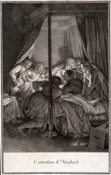 Pierre Abélard vagy Pierre Abailard francia filozófus és teológus (1079-től 1142-ig) kasztrálása. Moreau metszete.