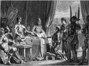 Charles Martel (688-741), a frankok királya kiosztja katonáinak az egyház javait, 718. Jean Michel Moreau metsze, dit Moreau le Jeune (1741-1814)