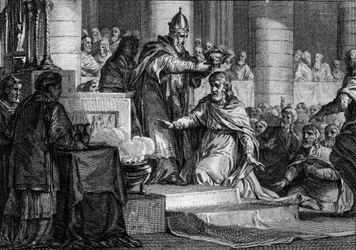 Nagy Károly megkoronázása, december 25., 800: a frankok királyát (747-814) III. Leó pápa (750-816) a római Szent Péter-templomban a Nyugat császárává szenteli. Jean Michel Moreau, más néven Moreau le Jeune (1741-1814) metszete