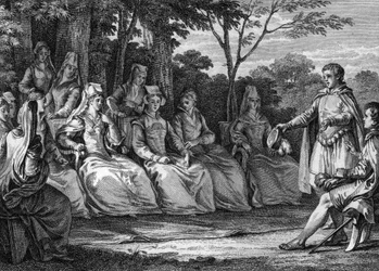 Szerelem udvara a középkorban a trubadúrok jelenlétében – Jean Michel Moreau metszet, dit Moreau le Jeune (1741-1814)
