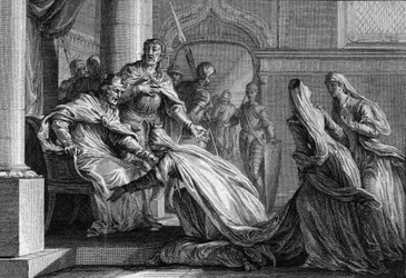 A francia Emma (894-934), Nagy Hugues (897-956) nővére leborul a lábára. Mariee-nak van burgundi Raoulja (vagy Rodolphe, 890-936), bátyja kérésére úgy döntött, hogy férjének adja Franciaország koronáját, és kijelentette: „jobb csókolja meg