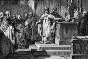 Hugues Capet (941-996) újra beindította a kánoni választásokat: a frankok királya megengedte, hogy a szerzetesek megválasszák apátjaikat úgy, hogy egy oltáron egy keresztet és egy mitrát helyeztek el. Jean Michel Moreau metszete, Moreau le Jeune (1741-1814