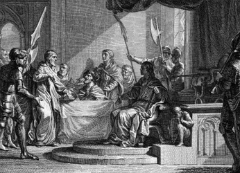 Interregne de Charles Martel, 737: Charles Martel, a palota polgármestere, Thierry IV (713-737) halála után interregne. Jean Michel Moreau metszete, aki Moreau az ifjabb (1741-1814) néven ismert