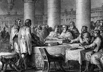 Nagy Károly (747-814) frank király és Alcuin szerzetes tanulmányainak újraindítása Nyugaton. 781. Jean Michel Moreau metszete, Moreau le Jeune (1741-1814)
