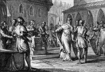 A 922-ben I. Róbert néven Franciaország királyává vált Robert (865-923) vezette urak felkelése III. Egyszerű Károly ellen, Soissons 920 (metszet)