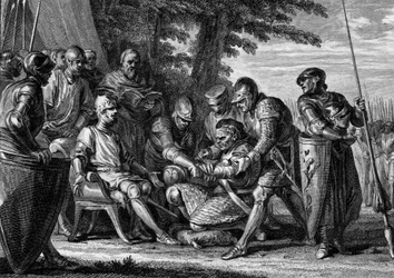 Rollo (kb. 860-933) viking vezér megtagadja, hogy megcsókolja III. Együgyű Károly király (879-929) lábát, 912. Jean Michel Moreau, más néven Moreau le Jeune (1741-1814) metszete