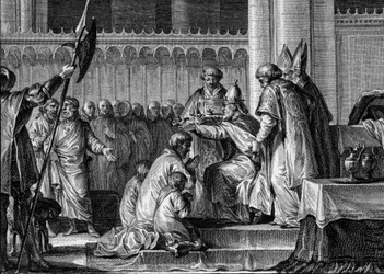 Kis Pippin (714-768) felszentelése, Saint-Denis-bazilika, 754. július 28.: II. István pápa a frankok királyává és a rómaiak patríciusává (Patricius Romanorum) szentelte. Mellette két fia, Karlmann és Károly (a későbbi Nagy Károly). Metszet