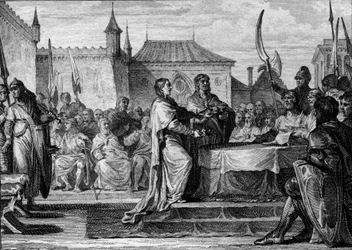 Pepin, the Brief utódlása, 768: a gyűlés úgy döntött, hogy felosztja a királyságot két fia, Nagy Károly (747-814) és Carloman (kb. 751-771) között, ezzel megtörve a Pepin the Brief által kötött megállapodásokat. Jean Michel Moreau metszete, dit Moreau l