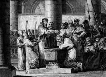 Háború a szászok ellen, 785: a szászországi Witikin (vagy Widukind, Wittekind) megkeresztelése. Nagy Károly seregétől vereséget szenvedve a szászok vezetője beleegyezett, hogy áttér a katolikus hitre. Jean-Michel Moreau, más néven Moreau le Jeune
