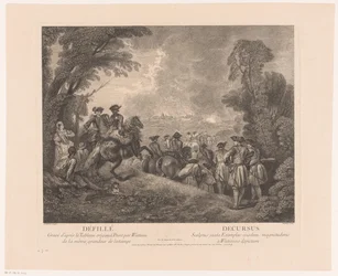 Felvonulás katonákkal egy város felé Défillé - Decursus (cím az objektumon) Antoine Watteau művei (sorozat címe) Antoine Watteau munkája, peintre du roy en son Academie roïale de peinture et sculpture (...) (sorozat címe)
