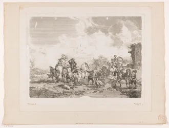 Pihenő vadásztársaság egy szökőkútnál La Fontaine de Venus Nyomatok Philips Wouwerman festményei után (sorozat címe) Ph.pe Wouwermans Hollandois életművei (sorozat címe)