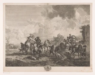 Pihenő vadásztársaság egy szökőkútnál La Fontaine de Venus Nyomatok Philips Wouwerman festményei után (sorozat címe) Ph.pe Wouwermans Hollandois életművei (sorozat címe)