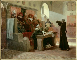 Albigeoise Inkvizíció: „Languedoc Bernard Delicieux (1260-1318), ferences szerzetes agitátora a tárgyalása alatt.” Az ítélet színtere: a középső első sorban, Bernard Delicieux-val szemben a nagy inkvizítort két vallásos, hátul veszi körül.