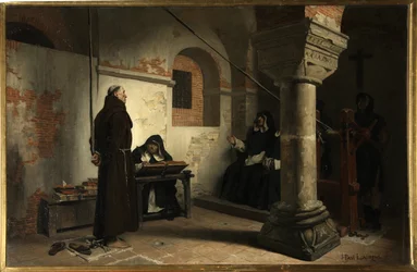 Bernard Delicieux (1260-1319) az inkvizíciós törvényszék előtt - Jean Paul (Jean-Paul) Laurens (1838-1921) festménye, olaj, vászon, 1881 körül, 79x121 cm - (Bernard Delicieux az Inkvizíciós Törvényszék előtt vászon Jean Paul Laurens) - Sta