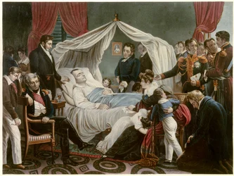 Napóleon halála, 1821.05.05. Sainte Helene litográfiája, Jean Pierre Marie Jazet (1788-1871) Charles Auguste Steuben (1788-1856) Malmaison festménye után. Vármúzeum