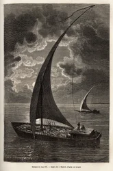Les barques du haut Nile, csökkentett személyzet és a fedélzeten alvó utasok holdfényben, metszet J. Moynet rajza után, amely az 1868-1871-es Afrika szívébe vezető utazást illusztrálja, Dr. Georges Schweinfurth, megjelent a „” Le tour du monde”” 1874, szer
