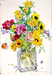 Napraforgók, Godetia, Alstroemeria, Ranunculus