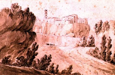 Bracciano városának látképe, 1810 körül (toll és szepia tinta, tus és mosás, papír)