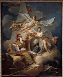Louis Charles Auguste Fouquet, Belle Isle hercege, Franciaország marechal (1684-1761) allegorikus portréja. Festmény egy festményben. Jean Valade (1709-1787) festménye 1758 V. 1x0,8 m