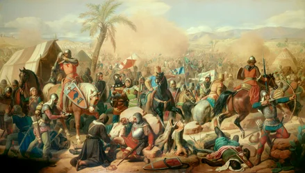 Első keresztes hadjárat: „Az aszkalóni csata, 12/08/1099, Bouillon-i Gottfried (1061-1100) győzelme Afdal vezír felett”. Victor Schnetz (1787-1870) festménye, 1843. Vászon. 3,15 x 5,56 m. Versailles, Kastélymúzeum