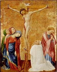 Kálvária a karthauzi szerzeteshez. A három szűz és Szent János veszi körül a keresztet. Egy karthauzi szerzetes térdel Krisztus lábánál. Jean de Beaumetz (1361-1396) festménye