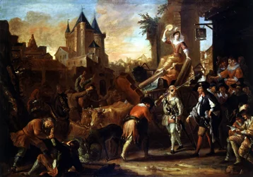 A komikusok érkezése a Le Mans-i festményre, amely Paul Scarron (1610-1660) „The Comic Roman” című festményét illusztrálja. Jean-Baptiste (Jean Baptiste) Coulom (vagy Coulon) festménye (kb. 1695-1735)