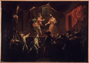 Sajnálatos sikerei ennek a darabnak. Az egyik tenyérjátékos, akinek a ruhája derobe volt, nagy ütőt ad La Rapiniere-nek. Paul Scarron (1610-1660) „The Comic Roman” című festménye. Olaj, vászon, Jean-Baptiste (Jean Baptiste) Coulom (vagy Co
