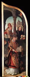 Az Angyali üdvözlet triptichonjának bal oldali panele (Az Angyali üdvözlet). Idősebb Jean Bellegambe (1470-1534) festménye fára, 103 x 33 cm, Szentpétervár, Ermitázs Múzeum