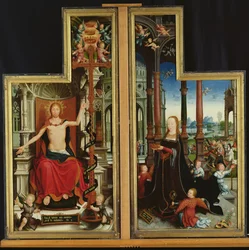 A Szentháromság dicsőítésének poliptichonja, a trónoló Krisztust és a Szűzanyát ábrázoló táblák, 1509-1515