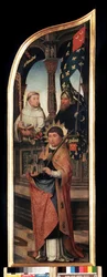 ""Brüsszeli Szent Vilmos, Clairvaux-i Szent Bernát (San Bernardo di Chiaravalle) ábrázolása"" Az Angyali üdvözlet triptichonjának jobb oldali panele (Az angyali üdvözlet). Idősebb Jean Bellegambe (1470-1534) festménye fára Szentpétervár, m