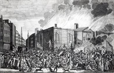 Newgate felgyújtásának, kifosztásának és elpusztításának pontos ábrázolása a zavargók által emlékezetes 1780. június 7-én, Henry Roberts metszete, 1781