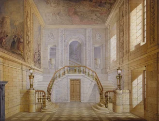 Lépcső kialakítása a Painted Hallban, Chatsworth (akvarell papíron)