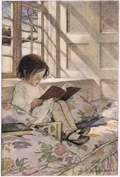 Egy lány olvas, Robert Louis Stevenson 1885-ben megjelent „A gyermek versek kertjéből” (színes litó)