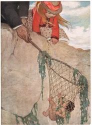 Tom belegabalyodott a halászhálóba, illusztráció a "The Water Babies" című művéből, Charles Kingsley tiszteletestől (színes litó)