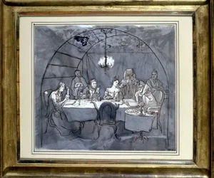 Fête des Cabanes a Kasher étteremben Moses Ulmann családja által. Rajz papírra, tollmosás 1831-ben 35,5 x 31,3 cm. (JM 189) Jewish Museum Basel, Svájc.