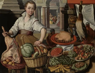 Konyhai jelenet, a háttérben Jézussal Márta és Mária házában, 1569