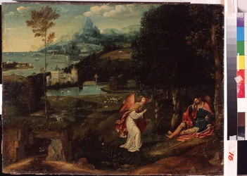 "Táj Szent Rókus legendájával" (Táj Szent Rókus legendájával) A pestisben szenvedő Szent Rókus (1345-1376) elűzték a városból. Joachim Patinir (Patinier vagy Patenier) festménye (kb. 1480-1524) Harkovi Nemzeti Múzeum Ukrajna