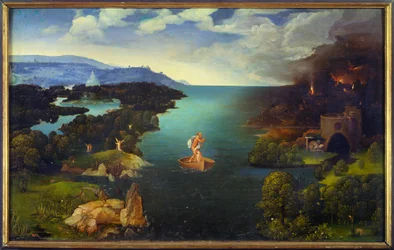 Átkelés a Sztüxön: Kharón csónakjában az alvilágban. Joachim Patinir (Skater) (1485-1524) festménye, flamand iskola. Méret: 0,64 x 1,03 m, Madrid, Prado Múzeum