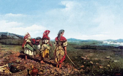 Nápolyi táj karakterekkel. Nápolyi parasztok szántanak egy mezőt a vidéken. Joaquim VAYREDA i VILA (1843-1894) festménye.