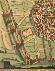 Bologna térképe, az olasz város színházából, Joan Blaeu részlete, metszet