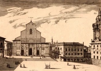 A San Petronio-bazilika a Piazza Maggiore-ban, Bologna, Emilia-Romagna, Olaszország, rézmetszet, kb 21x29 cm