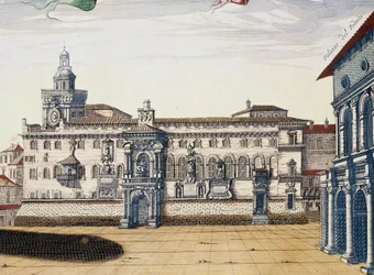 Kilátás a régi bolognai térre, Giacomo Lauro és Joan Blaeu metszete Az olasz városok és csodái színházból, 1663-ban Amszterdamban