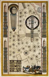 Csörlők mozgatható obeliszkhez, metszet A város színháza és Olaszország csodái című művéből, Joan Baleu (1596-1673)