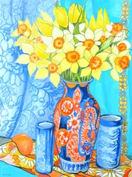 Nárciszok és tulipánok Imani vázában; narancs és textil