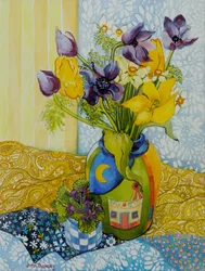 Tulipánok és kökörcsin ibolyával, 2010, akvarell