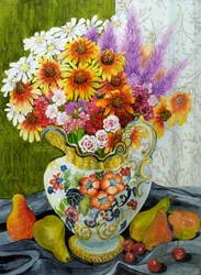 Viktoriánus korsó vegyes virágokkal, körtével és cseresznyével, 2010, gouache