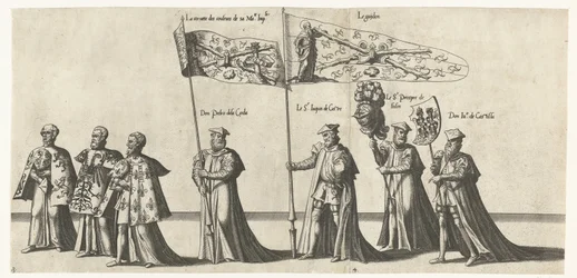 Deel van de optocht, nr. 3 a 4-ben Begrafenisoptocht van Keizer Karel V, 1558 (sorozat címe) A csodálatos és fényűző temetkezési pumpa, amelyet a nagyon nagy és nagyon győztes Ötödik Károly császár temetésén és temetésén adtak elő, amelyet Bru városában ün